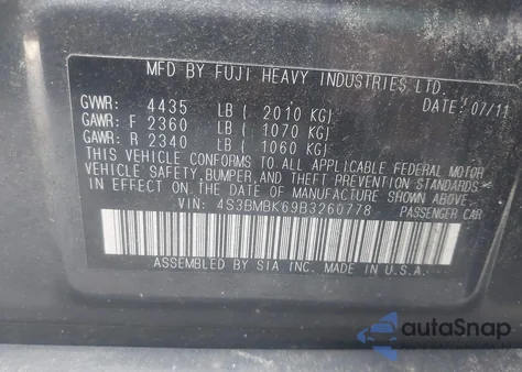 2011 Subaru Legacy 2.5I Limited from USA, damaged, VIN 4S3BMBK69B3260778